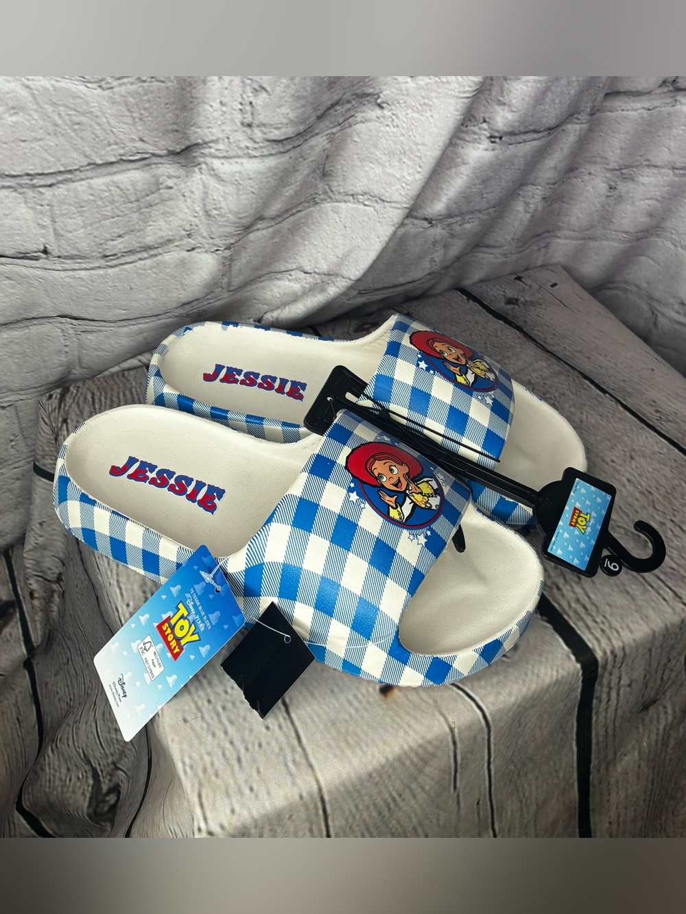 Disney Toy Story Jessie Cowgirl Blue Gingham Comfort Slide Sandals 9 KidCore NWT